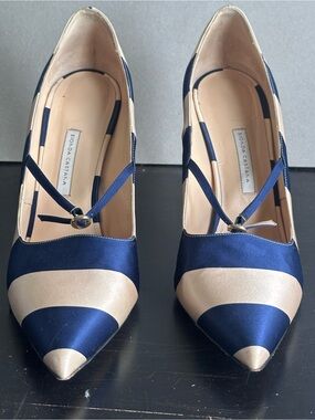 BiONDA CASTANA Women’s EU 41 US 10 Blue Cream Satin Stripe Pointed Toe Mary Jane